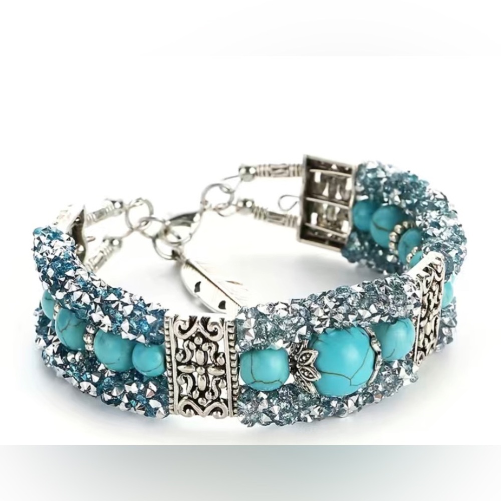 Turquoise Beads and Rhinestone Carved
Bracelet Bangle Jewelry